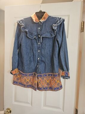 Forever 21 Denim Ruffle Shirt Jacket with Orange & Blue Embroidered Hem